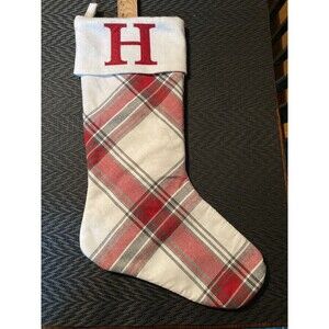 Red White Cuff Plaid Christmas Stocking Monogram "H"